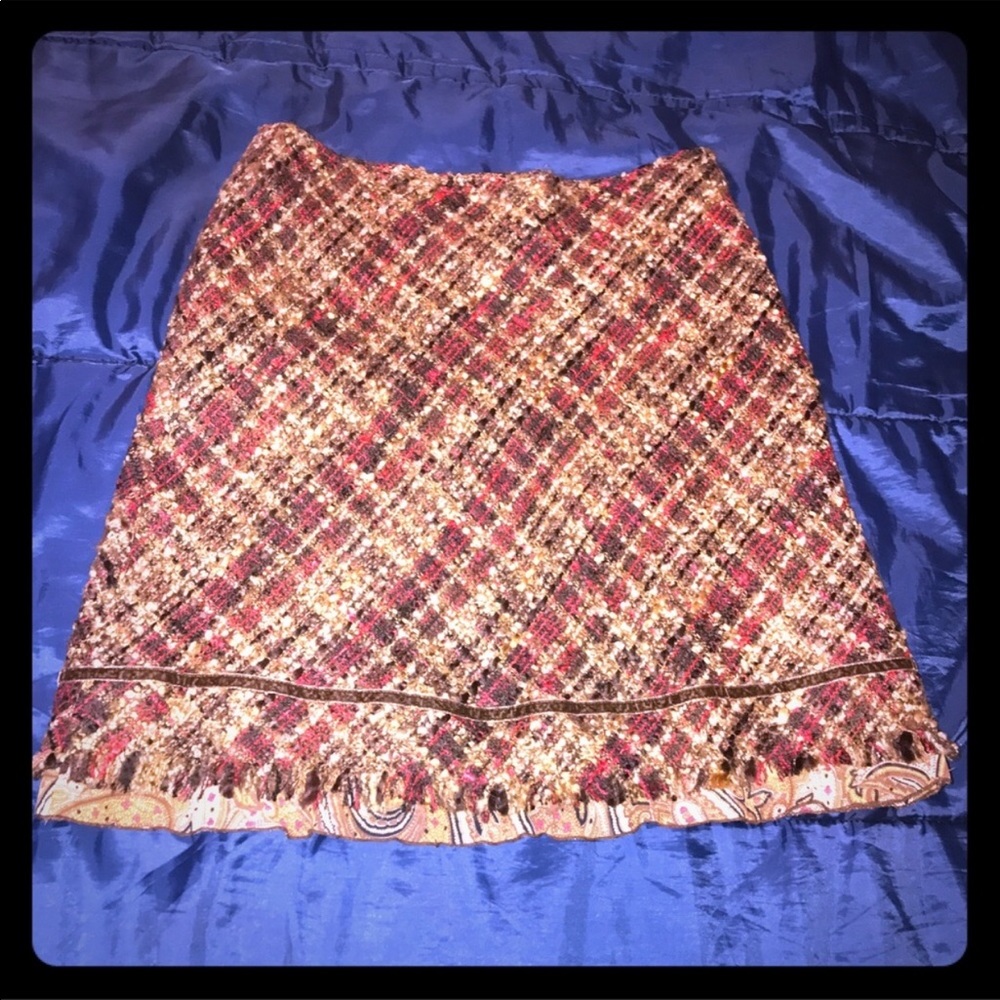 ABS vintage y2k woven tweed plaid velvet fringe trim mini skirt size 2